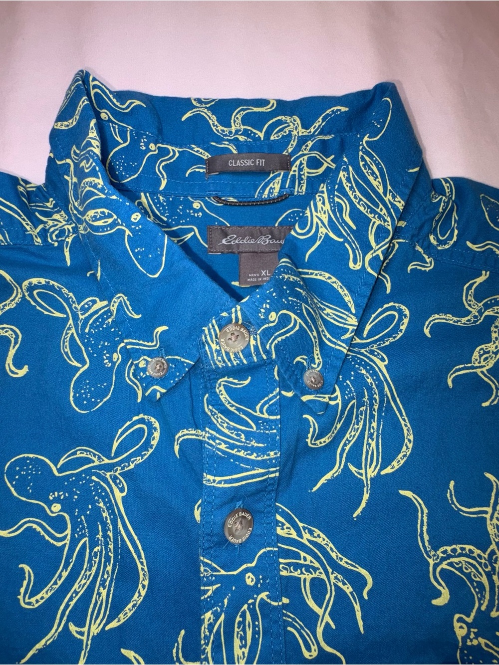 Eddie Bauer Octopus Print Button Front Shirt Men’s XL Blue Cotton Coastal